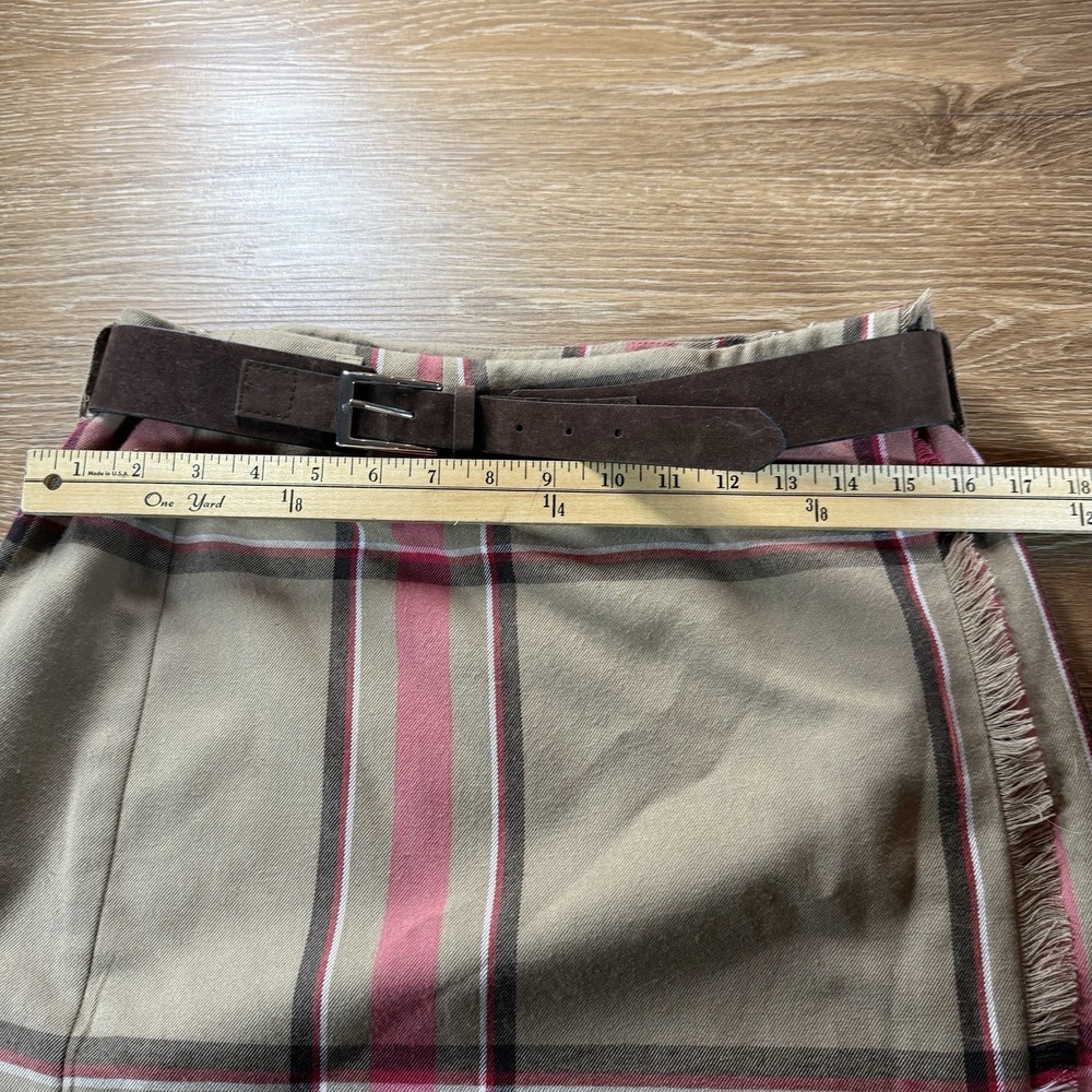 Evan Picone Vintage Y2K Plaid Skirt Women's 10 Pink Tan Fringe Midi Belted Fall - Picture 4 of 7